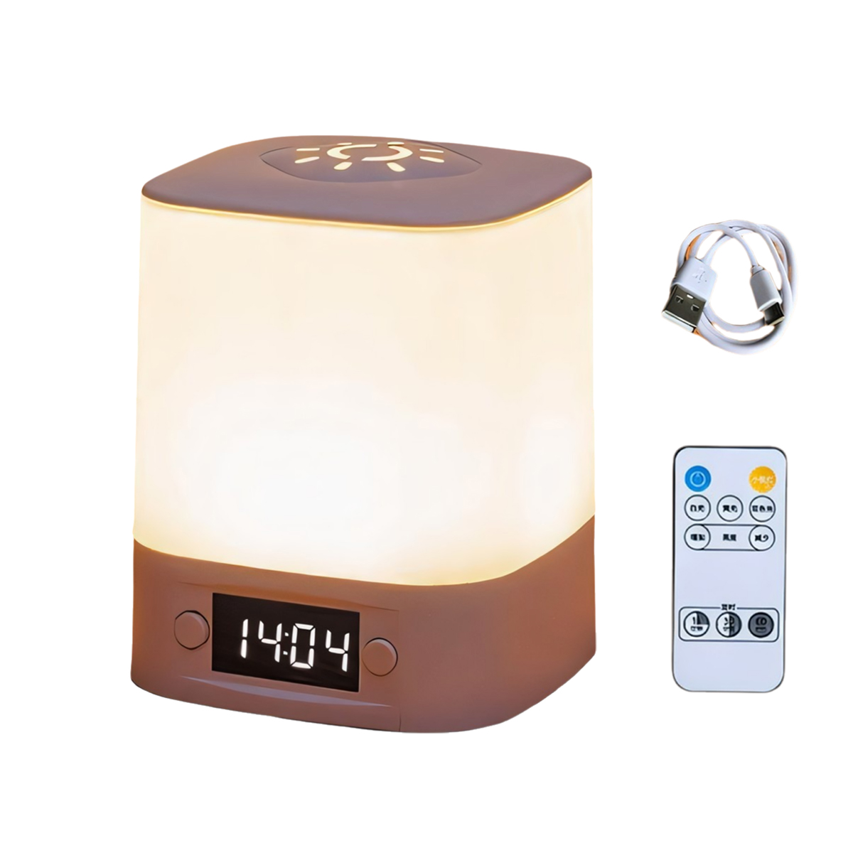 Eine braune und weiße Nachttischlampe mit Uhrenanzeige, Fernbedienung und USB-Kabel.