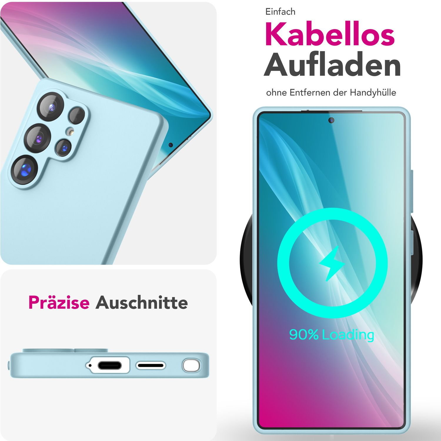 Eine hellblaue Handyhülle mit Telefon und kabellosem Ladegerät. Text sagt '90% Loading'.