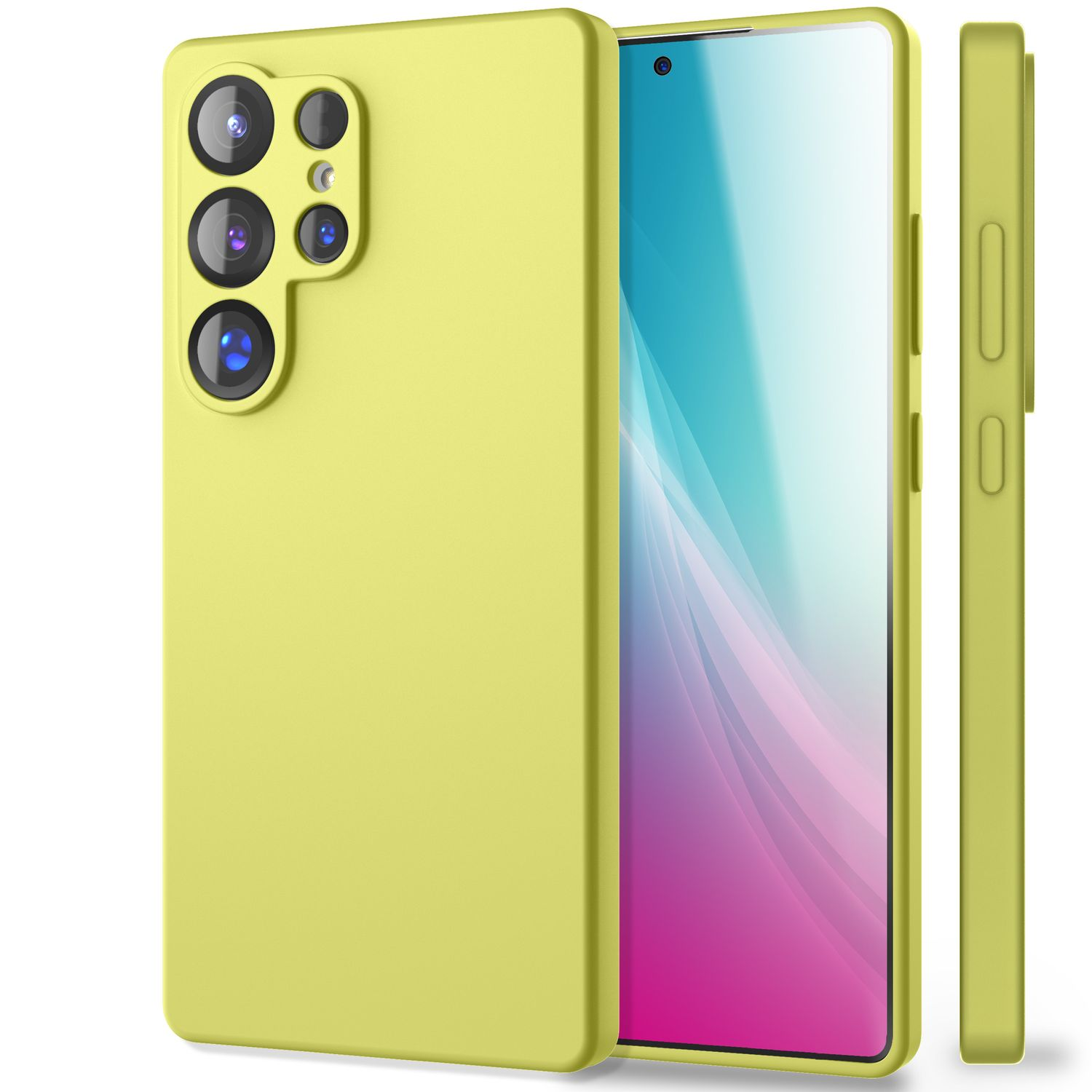 Gelbes Smartphone mit Dreifachkamera und Seitenansicht. Drei Kameras sichtbar. Gelbes Gehäuse.