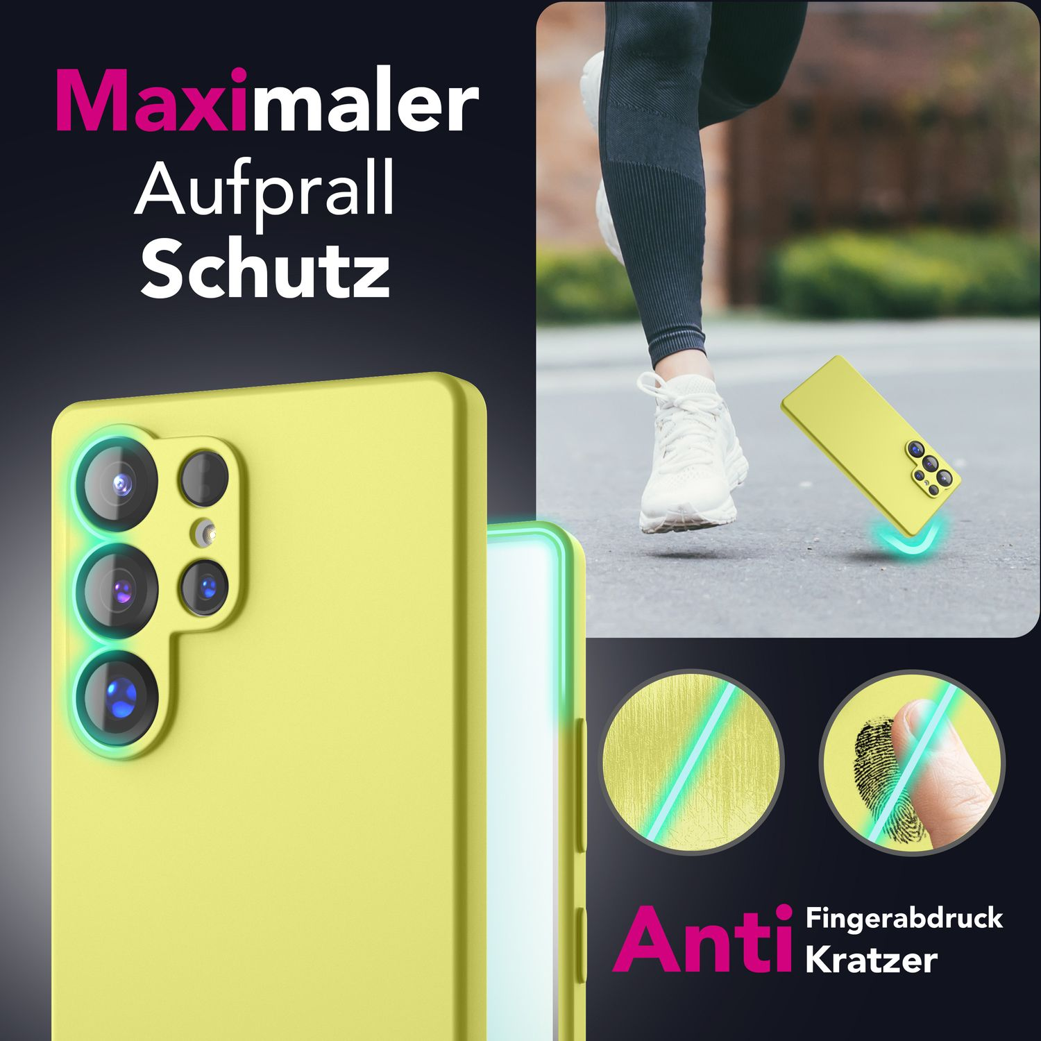 Gelbe Handyhülle mit einer rennenden Person im Hintergrund. Text: Anti Fingerabdruck und Kratzer.