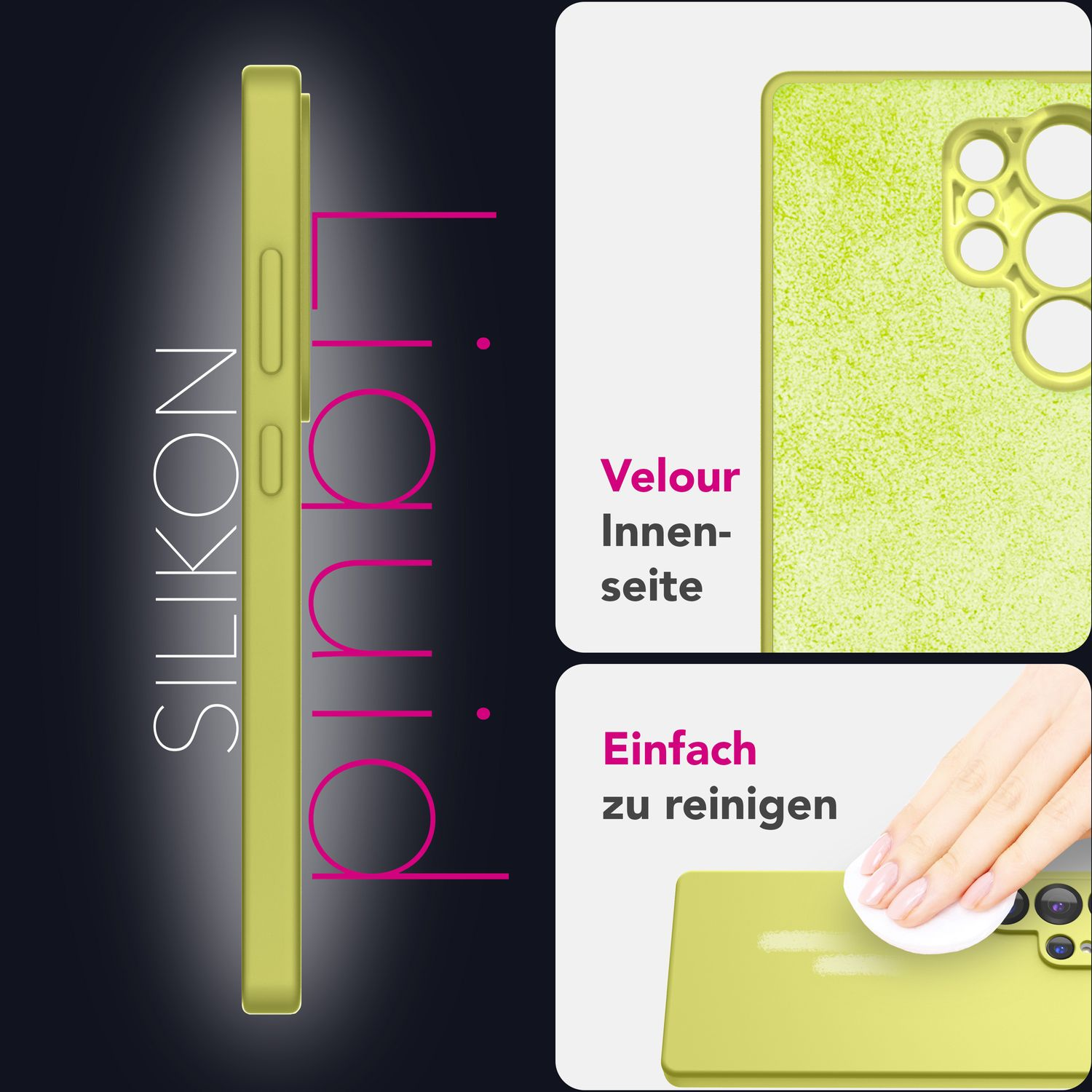 Gelbe Handyhülle. Seitenansicht, Nahaufnahme der Textur, Reinigungs-Grafik.