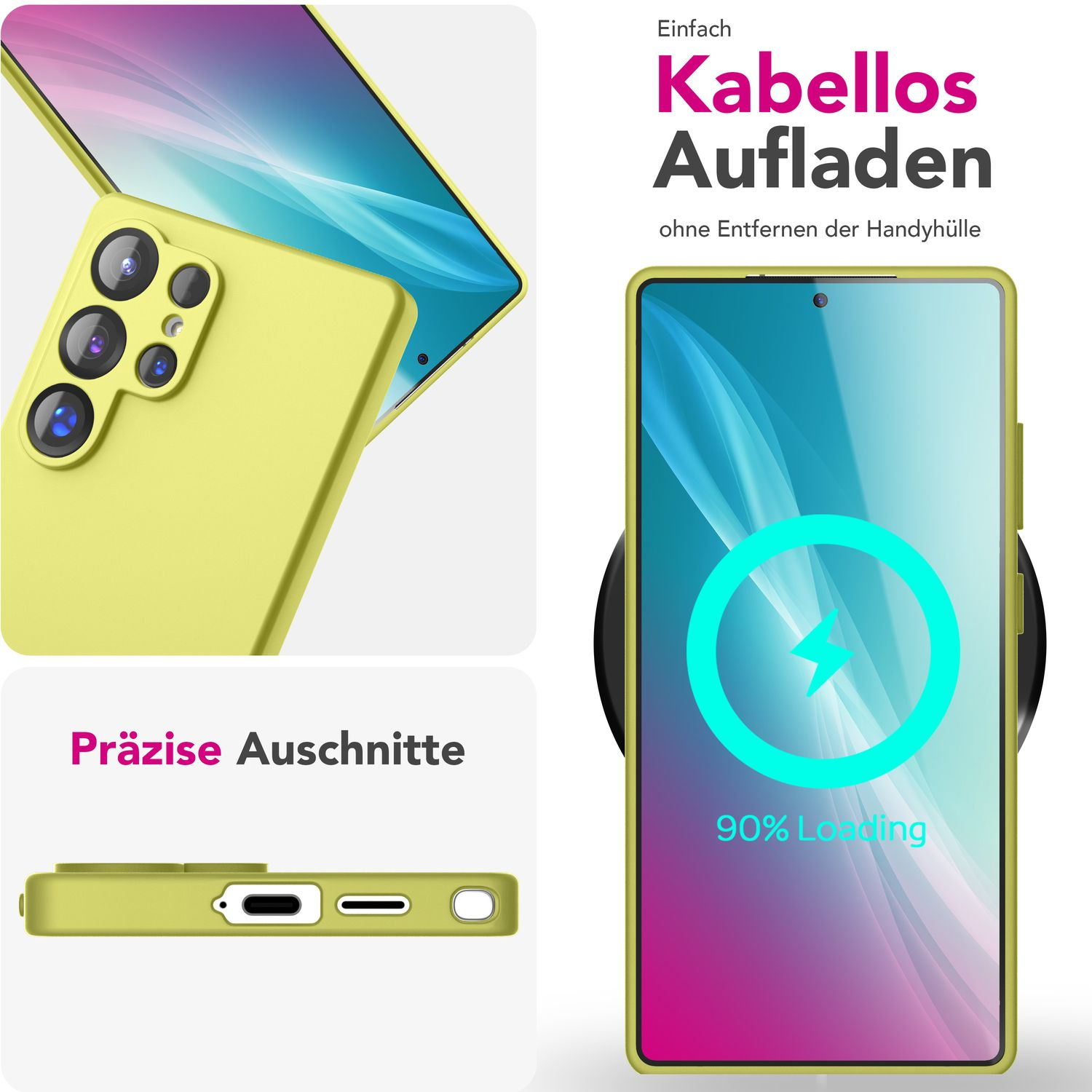 Eine gelbe Handyhülle mit einem Telefon darin. Die Hülle und das Telefon befinden sich auf weißem Hintergrund. Details der Hülle.