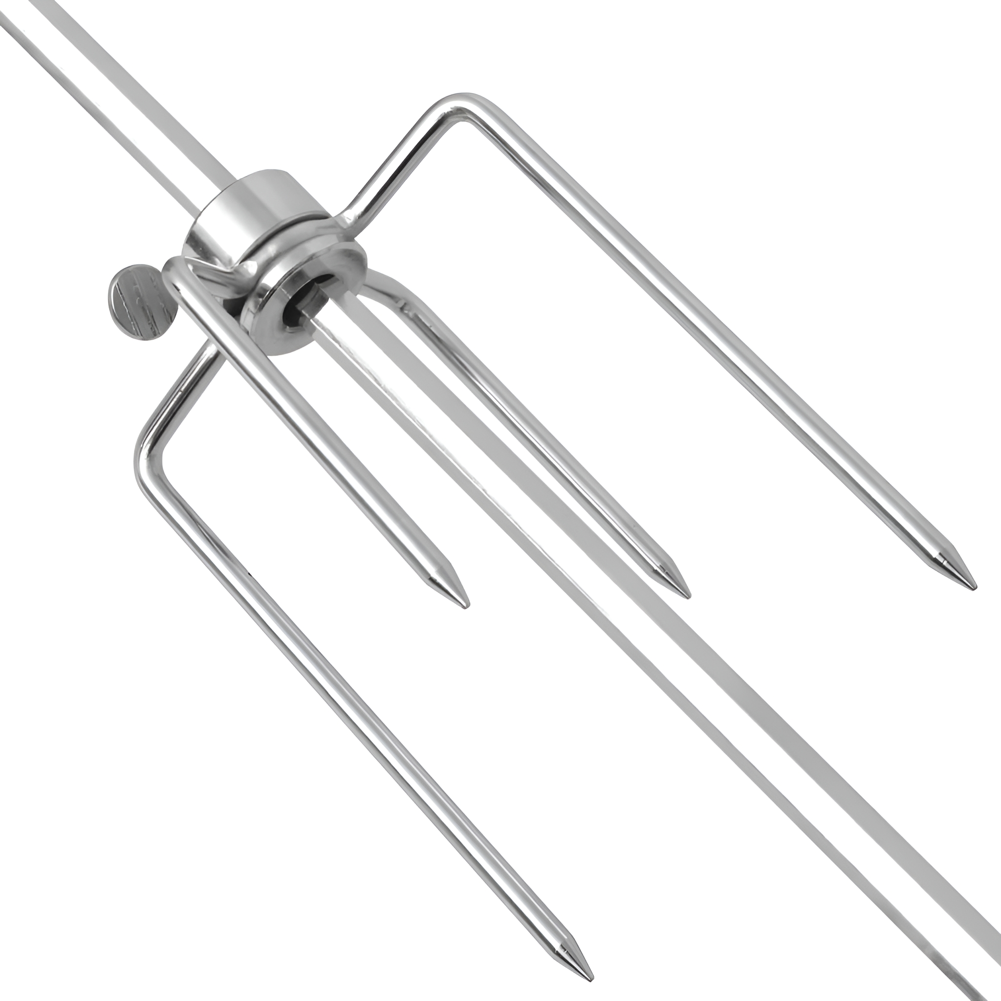 Eine Metall-Rotisserie-Gabel mit Stacheln. Sie hat drei scharfe Zinken, um das Essen an Ort und Stelle zu halten.