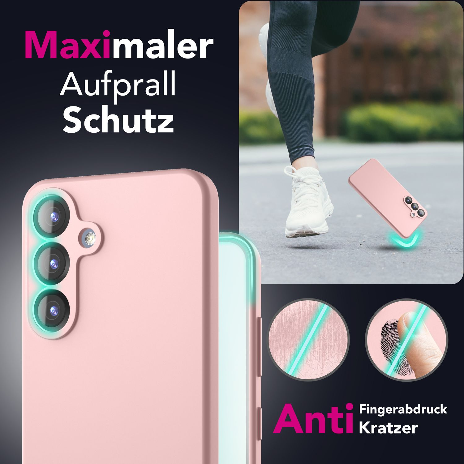 Rosa Handyhülle mit Handy, Fingerabdruck und Aufprallschutzgrafik.