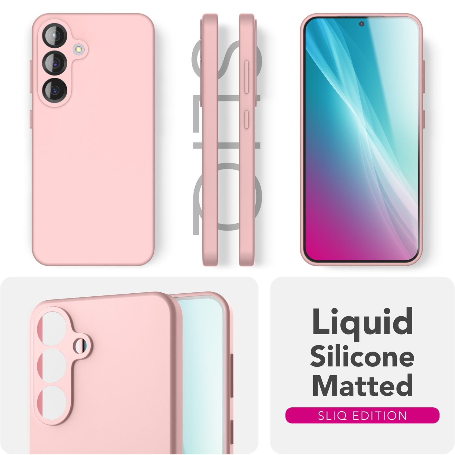 Rosa Handyhülle mit mehreren Ansichten, die das Telefon und die Gehäusedetails zeigen.
