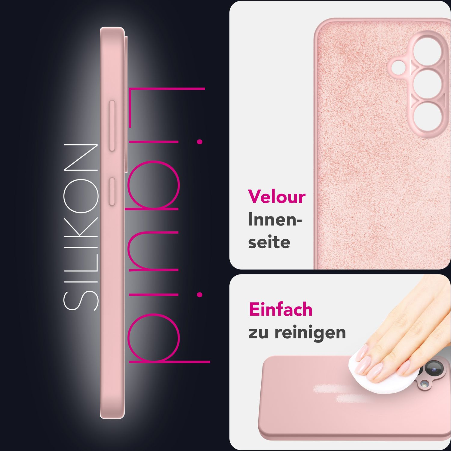 Eine rosa Handyhülle, Seitenansicht mit Knöpfen und Nahaufnahme des Innenraums, mit deutschen Etiketten.