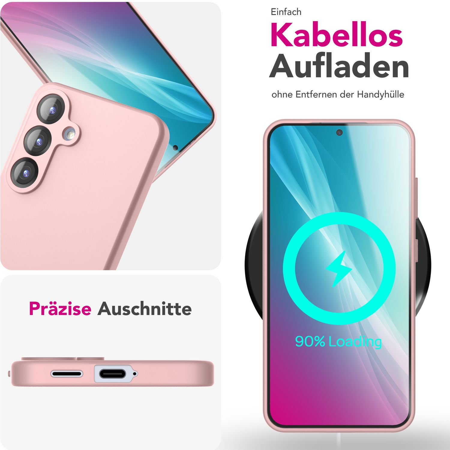 Rosa Handyhülle mit kabelloser Ladefunktion und Handy oben drauf. Das Handy zeigt 90% Ladevorgang.