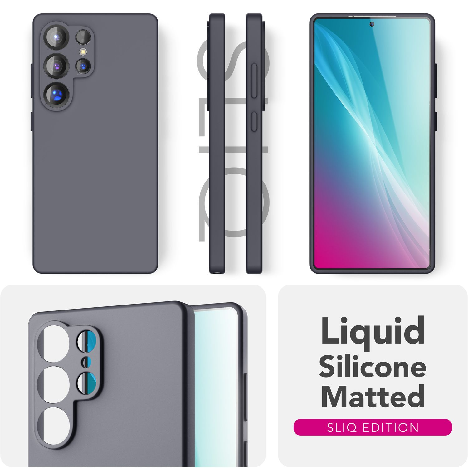 Eine Handyhülle mit einem Handy. Die Handyhülle ist grau. Der Bildschirm zeigt ein blaues Muster.