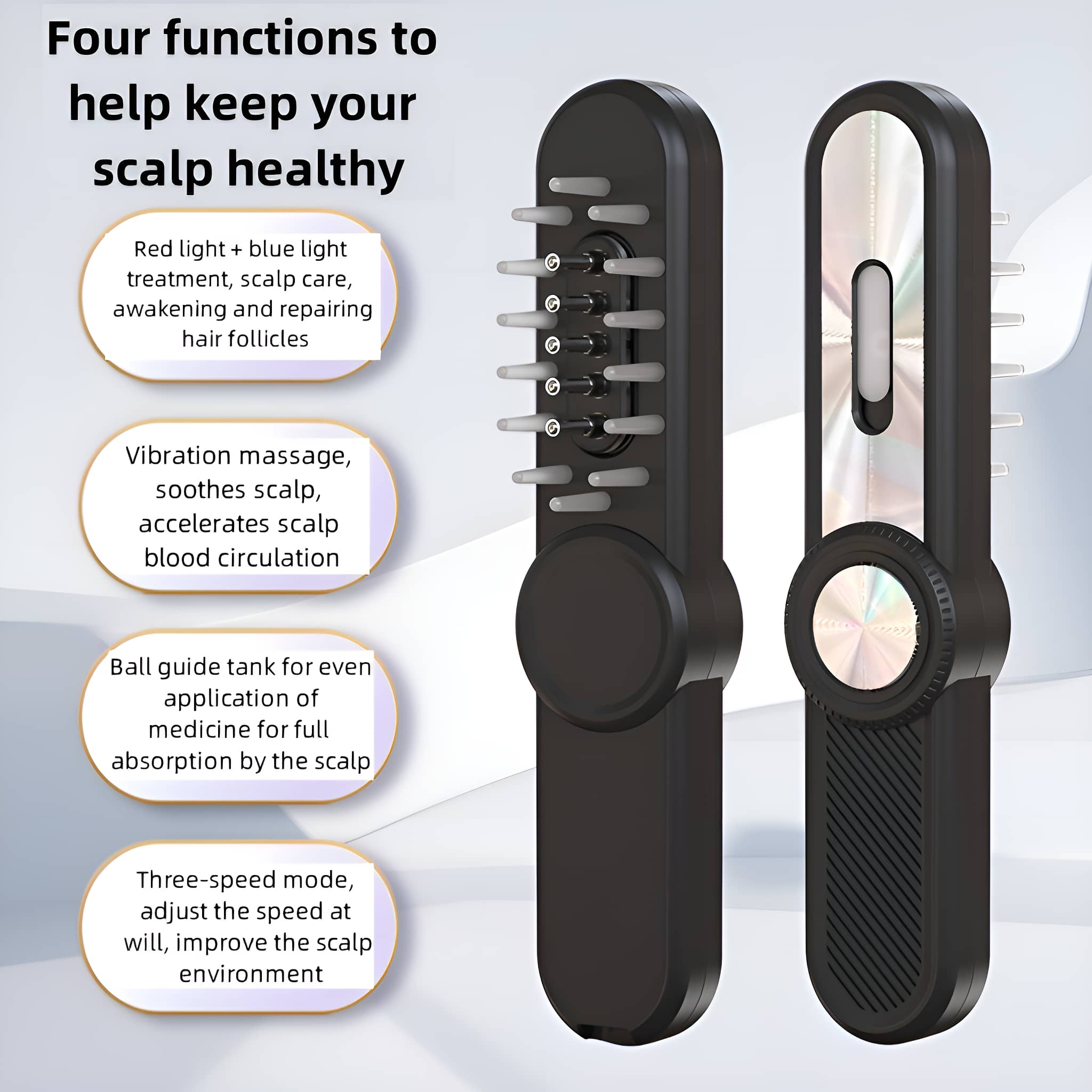 Zwei schwarze Kopfhautmassager mit Beschreibungen ihrer vier Funktionen.