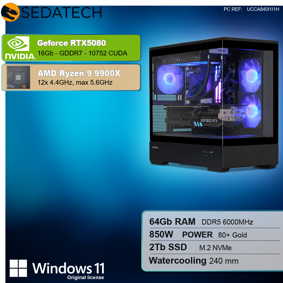 PC da gaming con pannello in vetro. Componenti: Nvidia GeForce RTX 5080, AMD Ryzen 9 9900X, 64GB RAM.