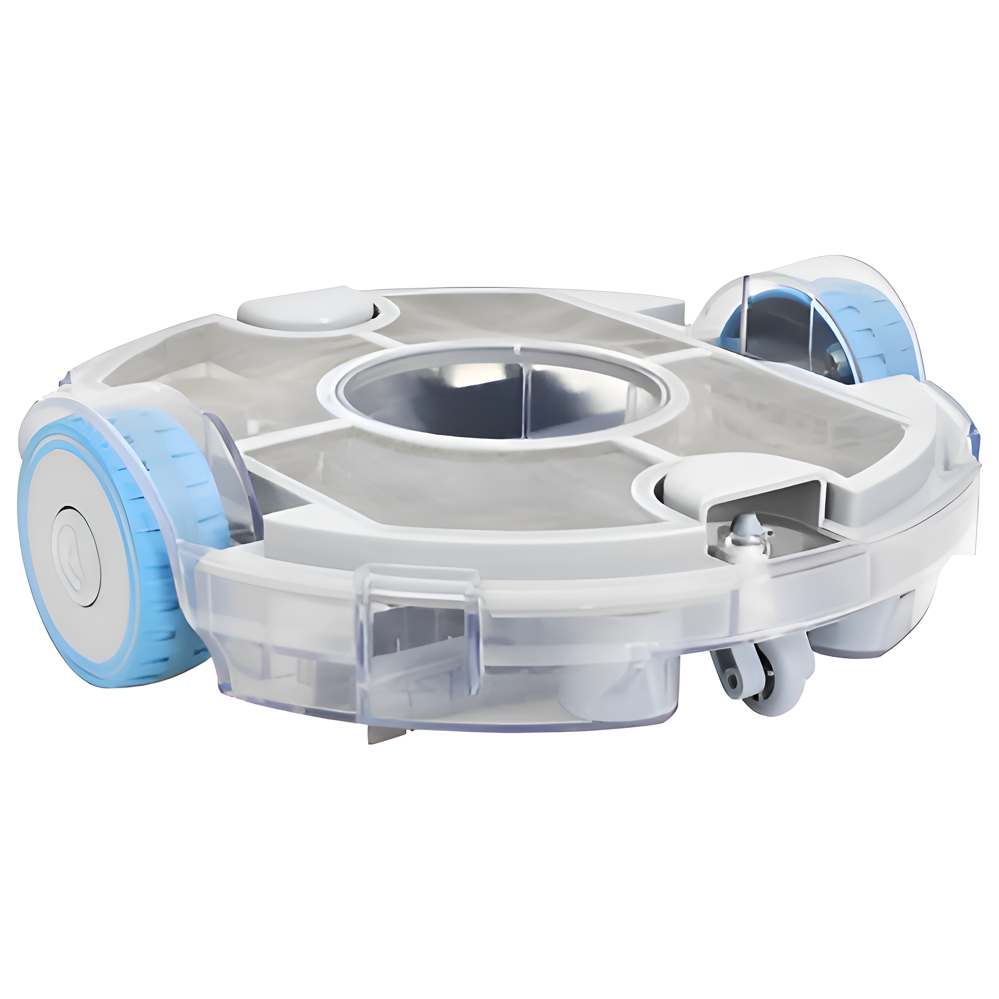 Ein weißer Roboter-Staubsauger mit blauen Akzenten. Es ist eine runde Maschine mit Rädern.