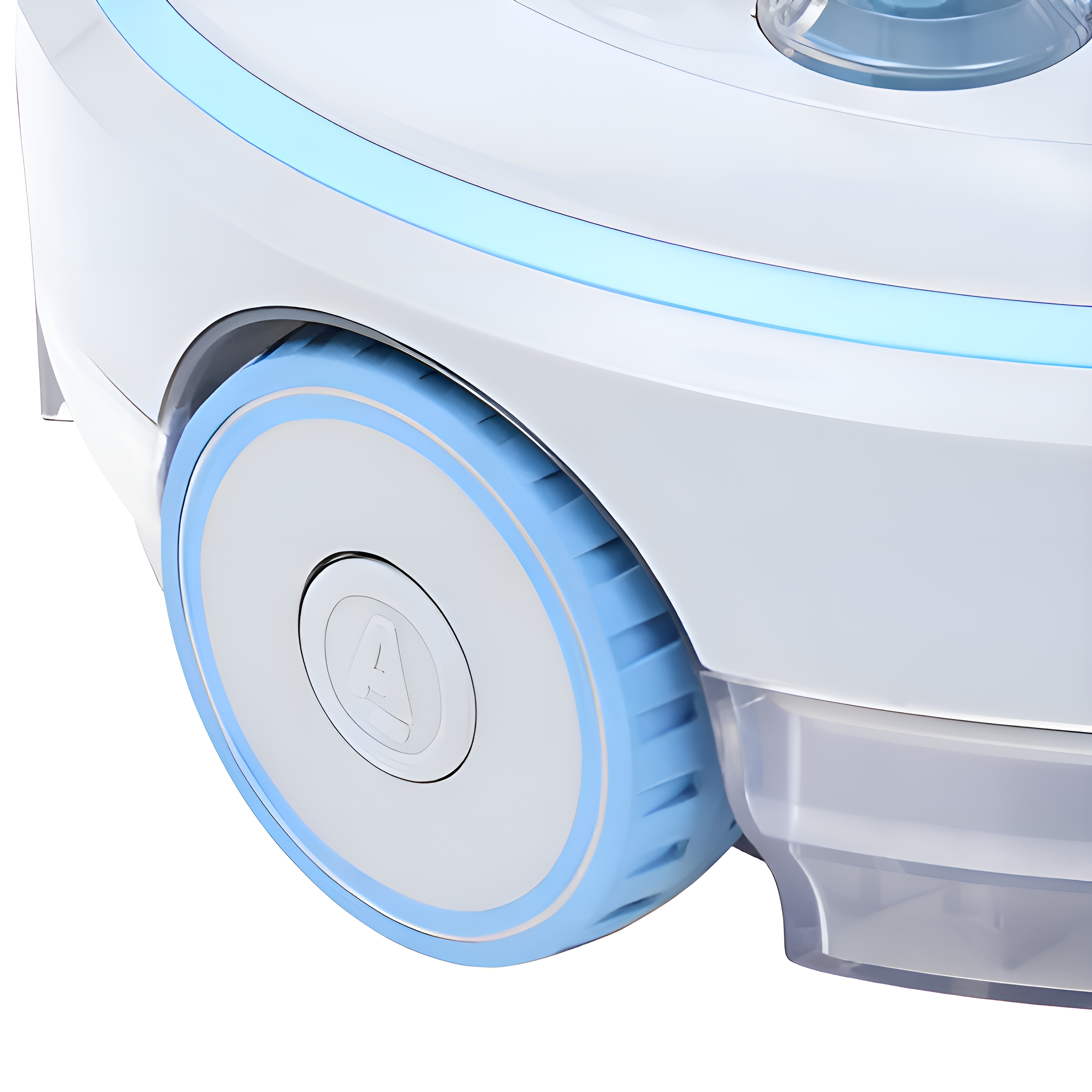 Ein weißes Reinigungsroboterrad mit blauen Akzenten. Das Rad hat eine weiße Mitte.