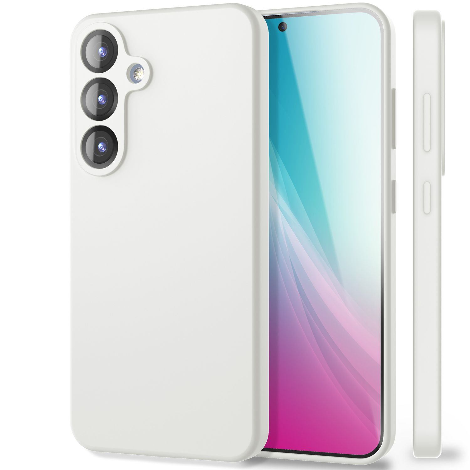 Weißes Telefoncase mit Kameraausschnitten. Auf der rechten Seite befindet sich ein Telefon.