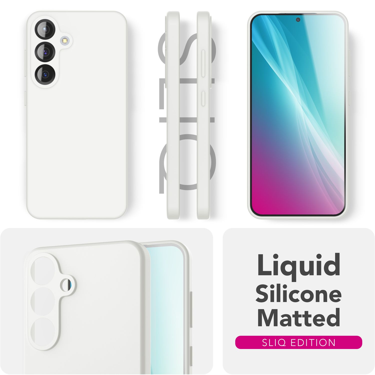 Eine weiße Handyhülle in verschiedenen Ansichten, mit Text Liquid Silicone Matted und SLIQ EDITION.