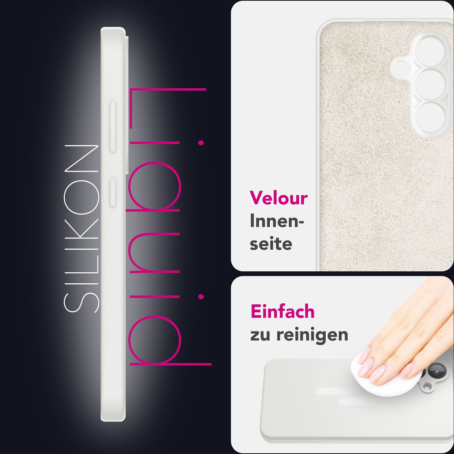 Weiße Handyhülle mit schwarzem Text, Seiten- und Rückansicht, auf dunklem Hintergrund.