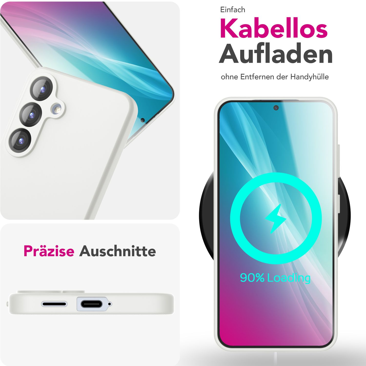 Weißes Telefoncase mit einem Telefon, das drahtlos auf einem Pad geladen wird. Das Telefon zeigt 90% Ladevorgang an.