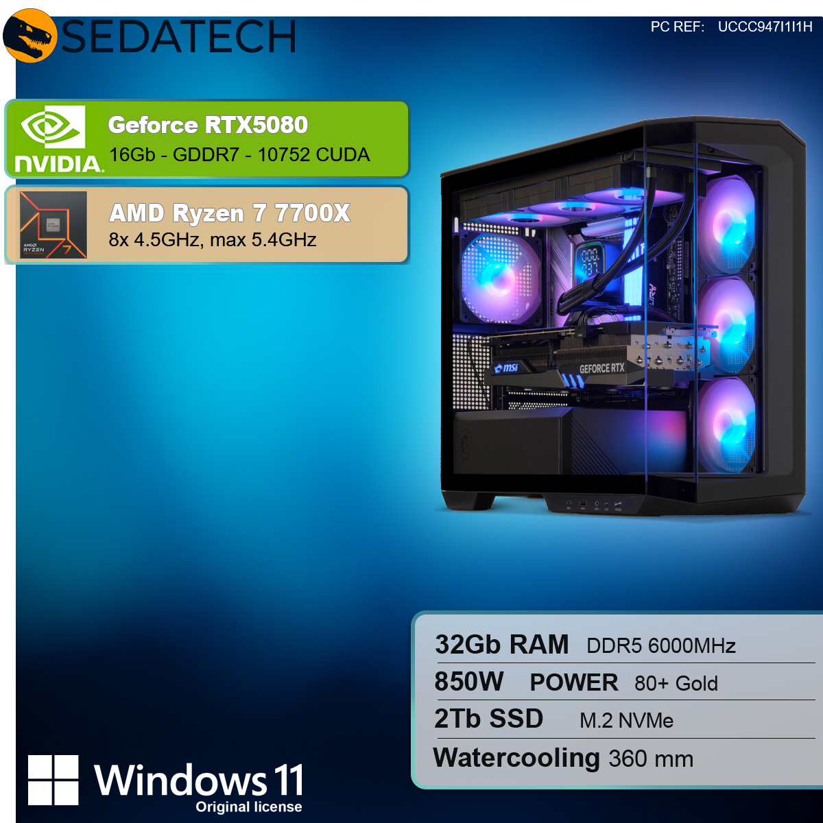 Computer desktop con scheda grafica, CPU e sistema di raffreddamento.