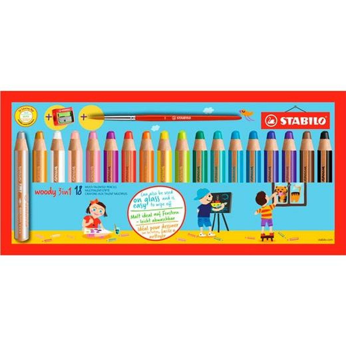 Ein Set mit 18 Farbstiften mit einer Zeichnung von Kindern und einem Pinsel.