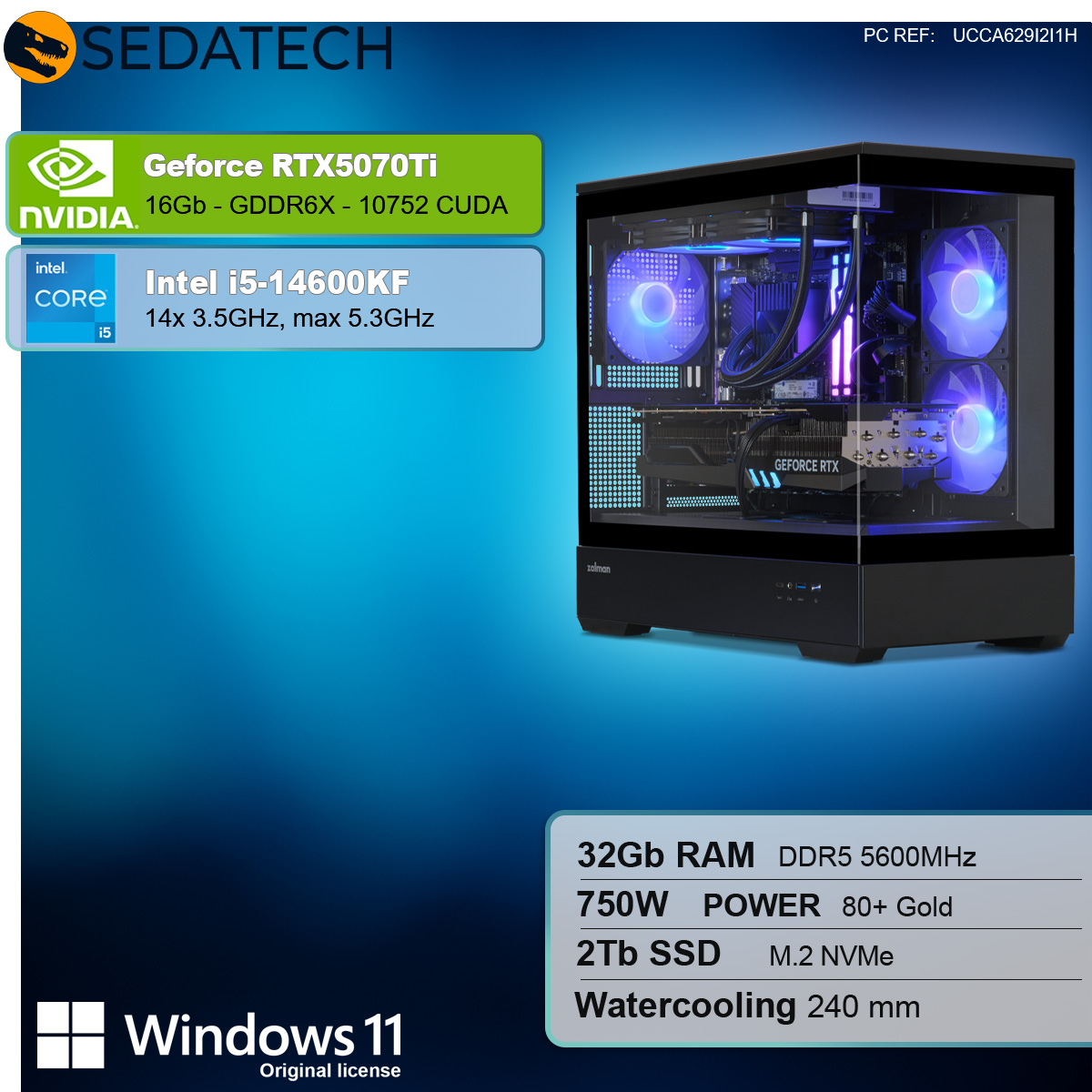 Un case per computer nero con componenti e pannelli di testo: RTX 5070Ti, i5-14600KF, 32Gb RAM, 2TB SSD, Windows 11.