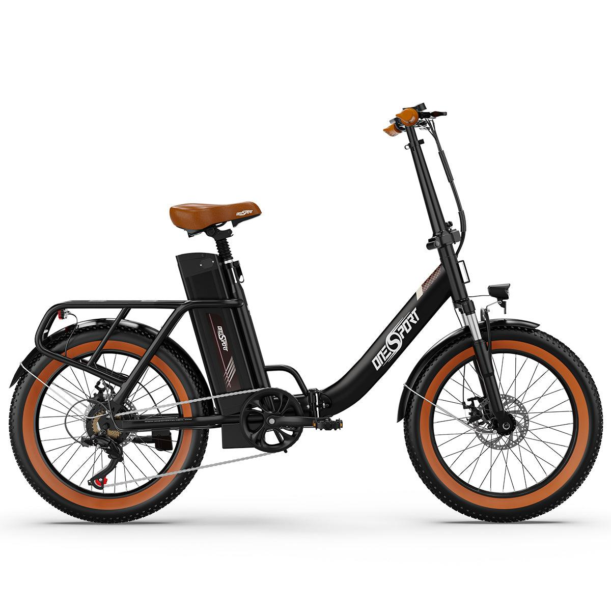 Schwarzes Elektrofahrrad mit braunem Sitz und Reifen. Hat einen Akku und einen Gepäckträger.