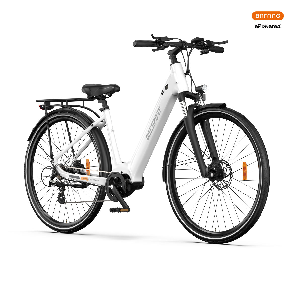 Bicicleta blanca y negra sobre blanco. Tiene neumáticos negros y un asiento, luces y un portaequipajes.