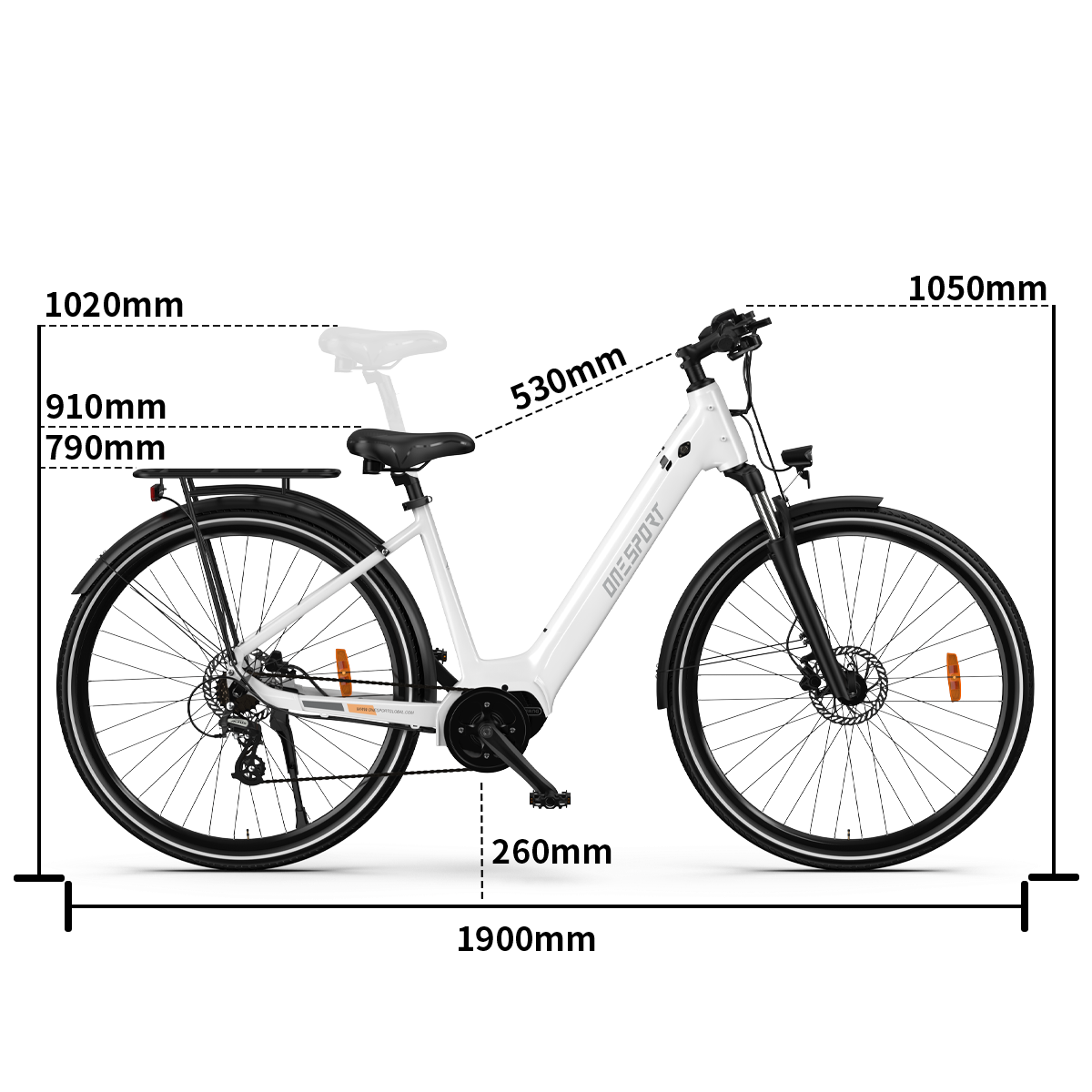 Bicicleta eléctrica blanca. Vista lateral. Llantas negras, detalles naranjas. Dimensiones: 1900 mm largo, 260 mm alto.