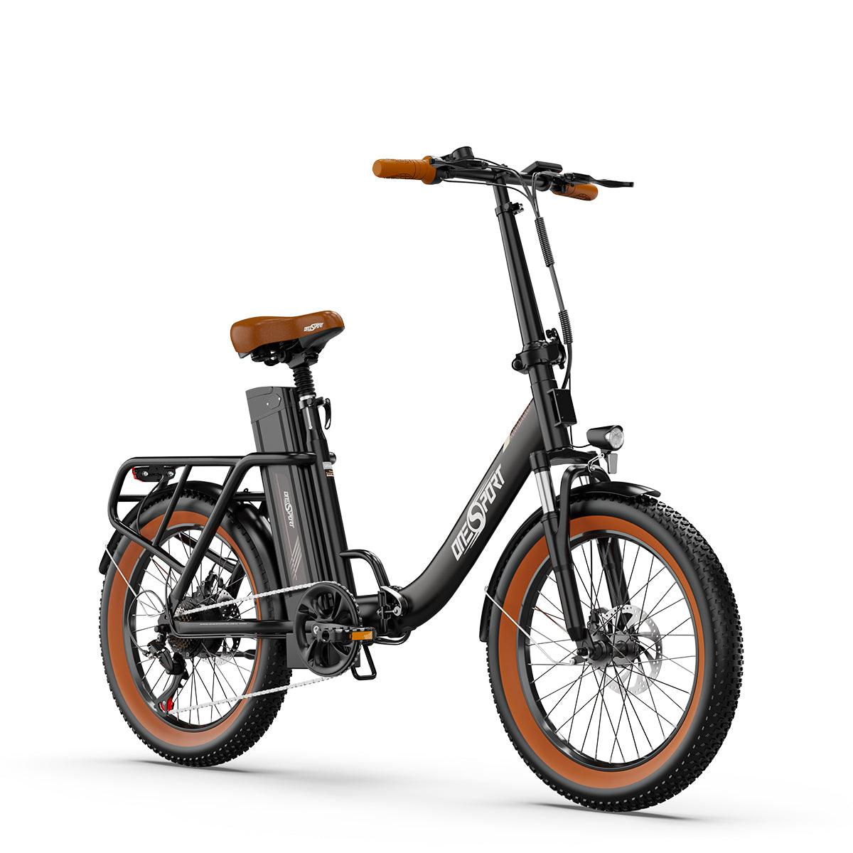 Schwarzes E-Bike mit braunen Akzenten, auf weißem Hintergrund. Mit Gepäckträger und breiten Reifen.