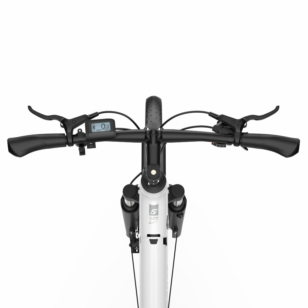 Vista superior de una bicicleta eléctrica blanca con manillar negro y una pequeña pantalla.