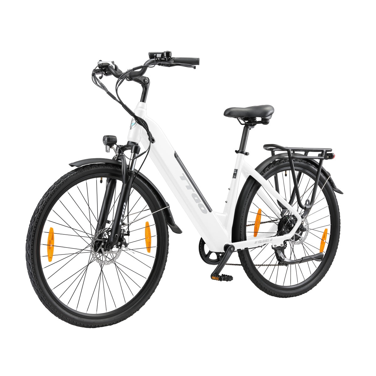 Weißes Elektrofahrrad. Schwarze Reifen, Schutzbleche und Zubehör. Isoliert auf weißem Hintergrund. Seitenansicht.
