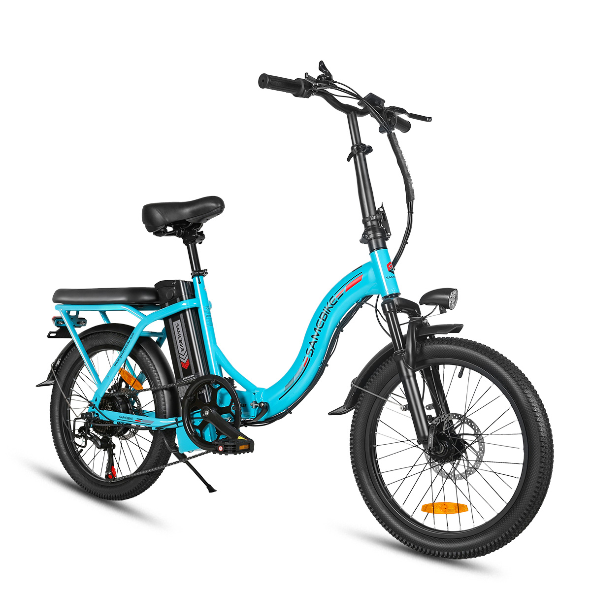 Niebieski składany rower elektryczny Samgbike, widok z przodu, na białym tle.