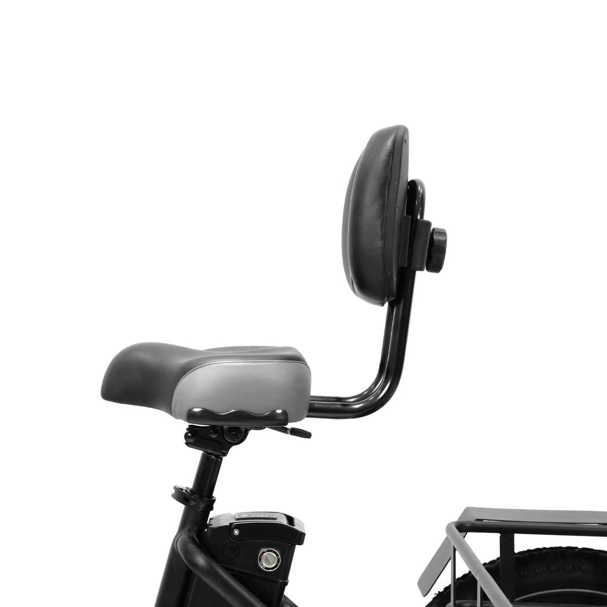 Asiento y respaldo de bicicleta, negro y gris, sujetos a un marco negro, con fondo blanco.