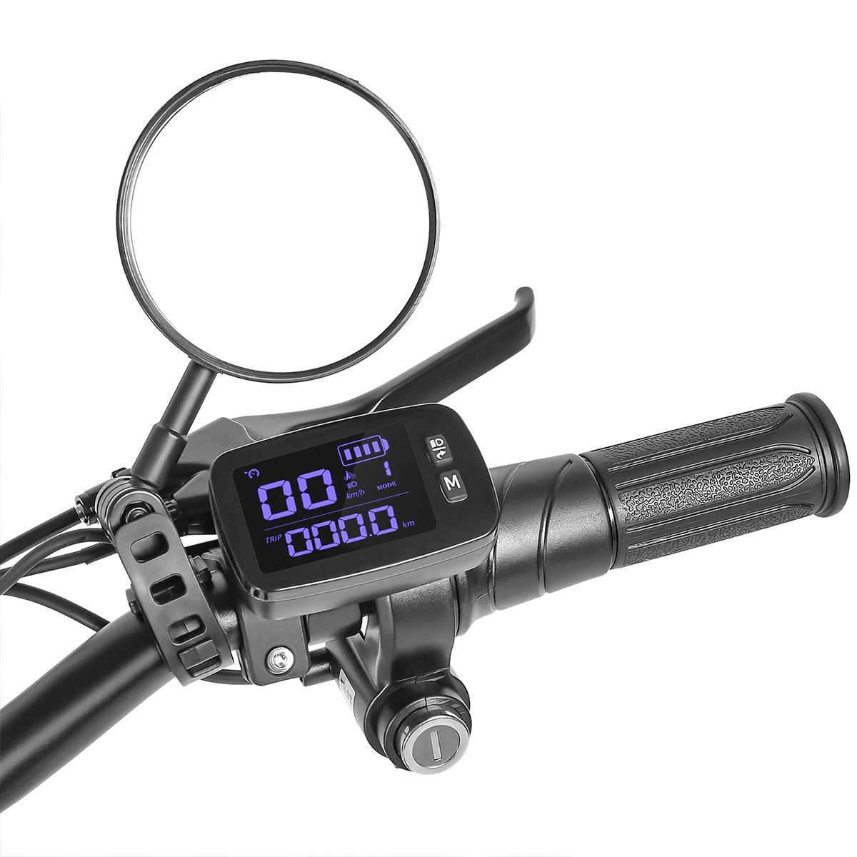 Czarna kierownica skutera z wyświetlaczem, lusterkiem i przyciskami sterowania. Wyświetlacz pokazuje prędkość i dane podróży.