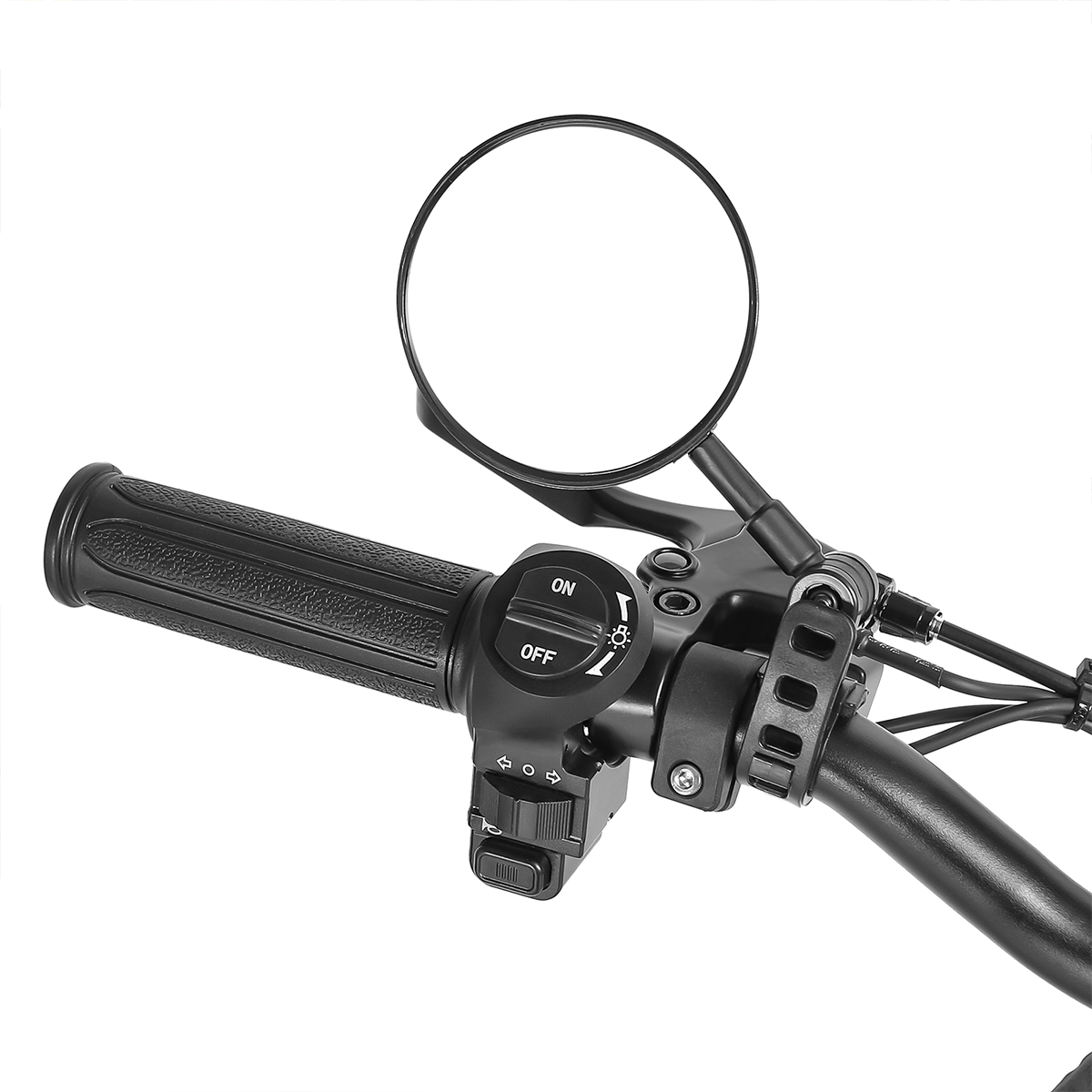 Czarna kierownica rowerowa z lusterkiem, przyciskami i uchwytem.