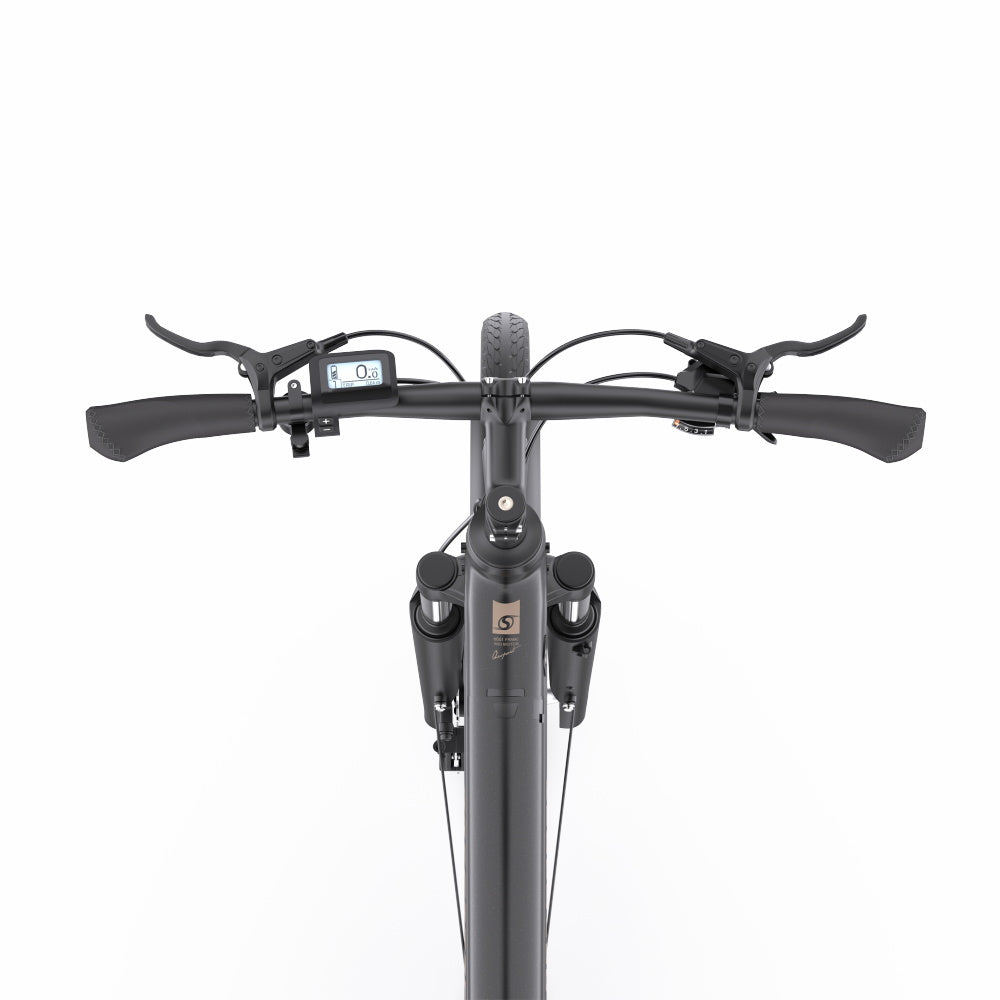 Vista superior de una bicicleta eléctrica negra, manillar y controles visibles.
