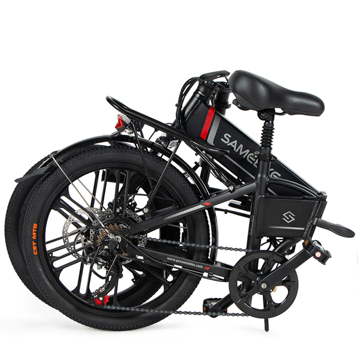 Złożony czarny rower elektryczny SAMEBIKE na białym tle, z widocznymi kołami i baterią.