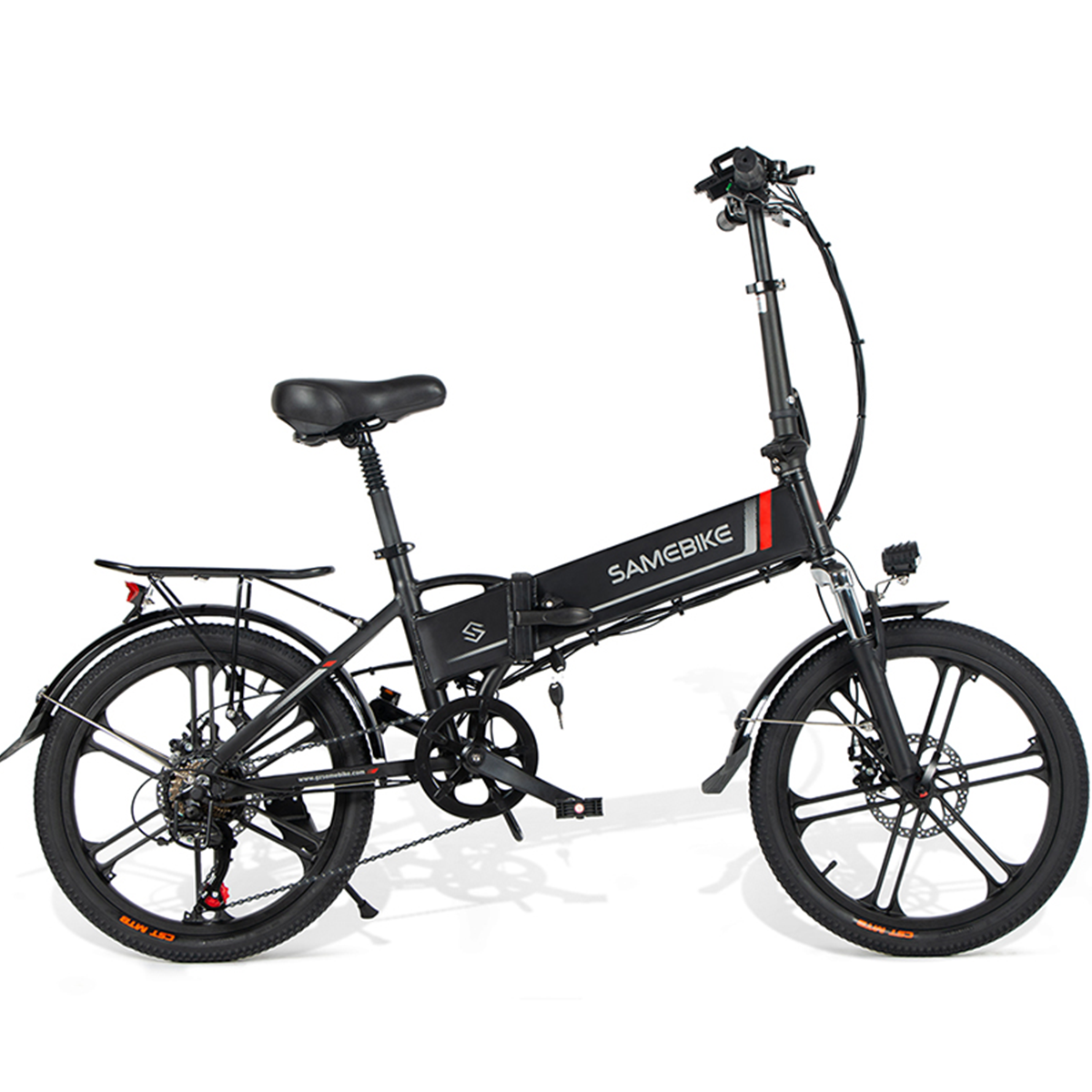 Czarny składany rower elektryczny Samebike. Ma czarne koła i czarną ramę.