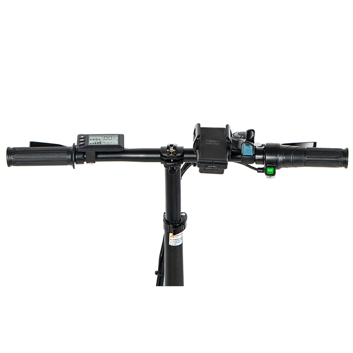 Kierownica e-hulajnogi z wyświetlaczem, uchwytem na telefon i elementami sterującymi. Uchwyty są czarne.