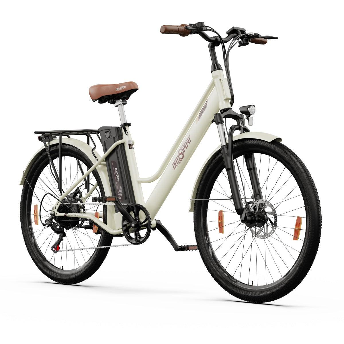 Bicicleta eléctrica color crema con neumáticos negros, asiento y manillar marrones y una batería.