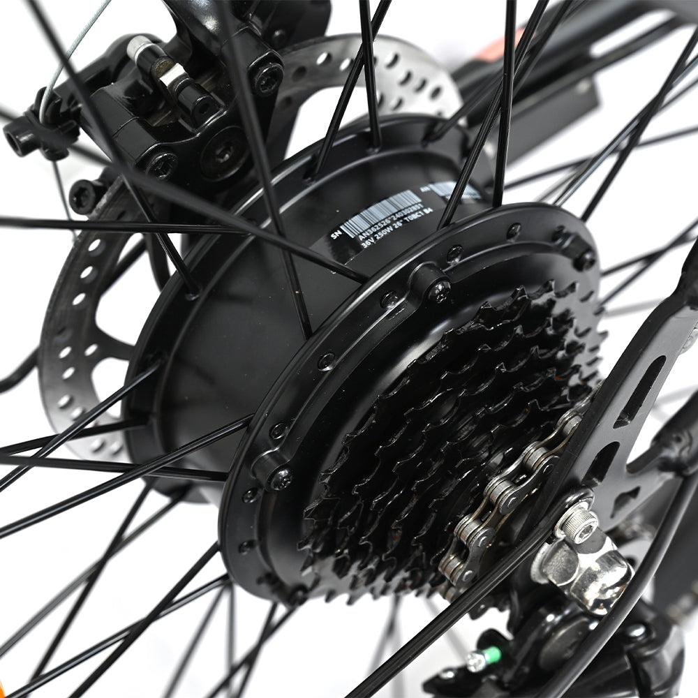 El conjunto de la rueda trasera de una bicicleta eléctrica, que muestra el casete, el freno de disco y el motor.