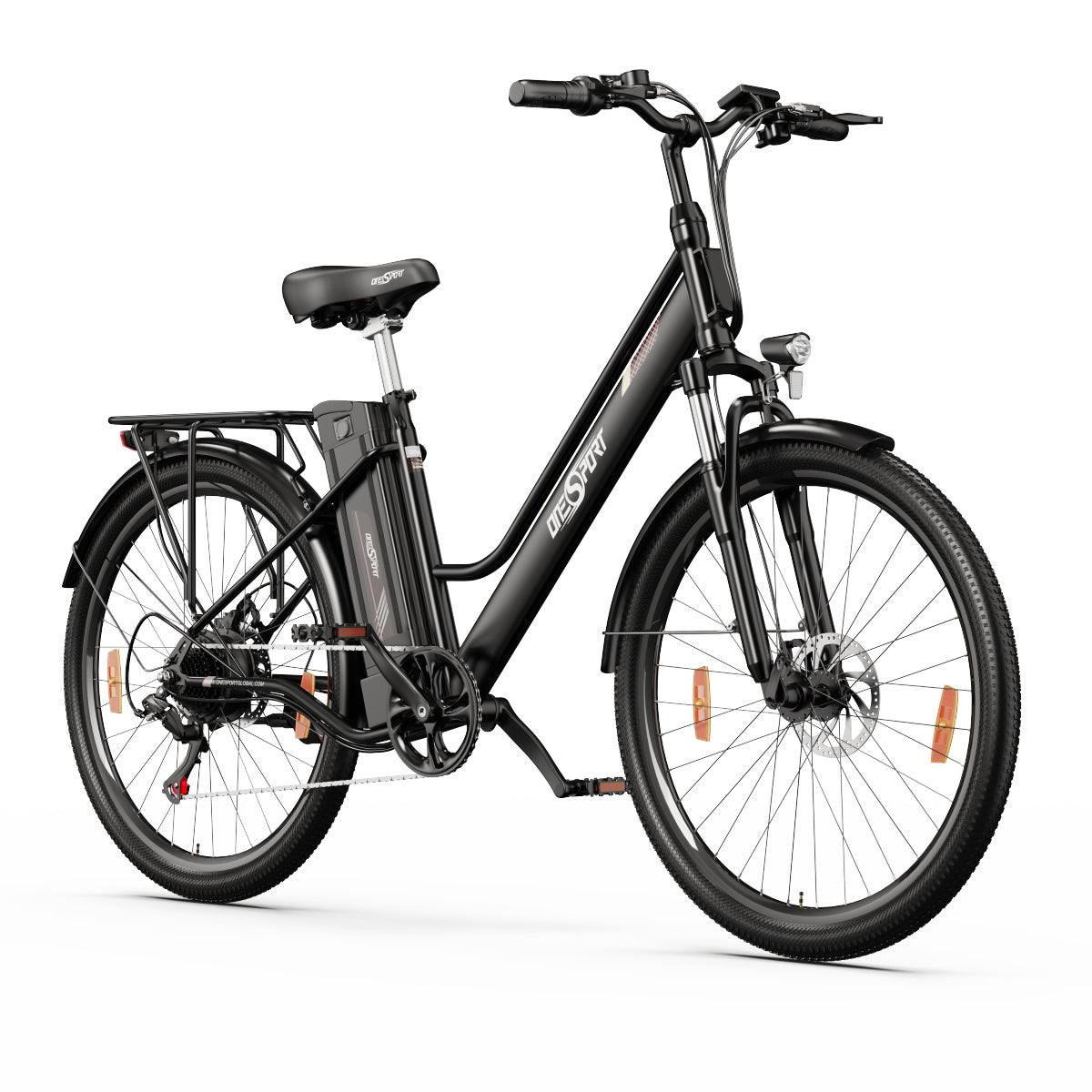 Bicicleta eléctrica negra, vista lateral. Tiene batería, asiento y neumáticos. Fondo blanco, líneas limpias.