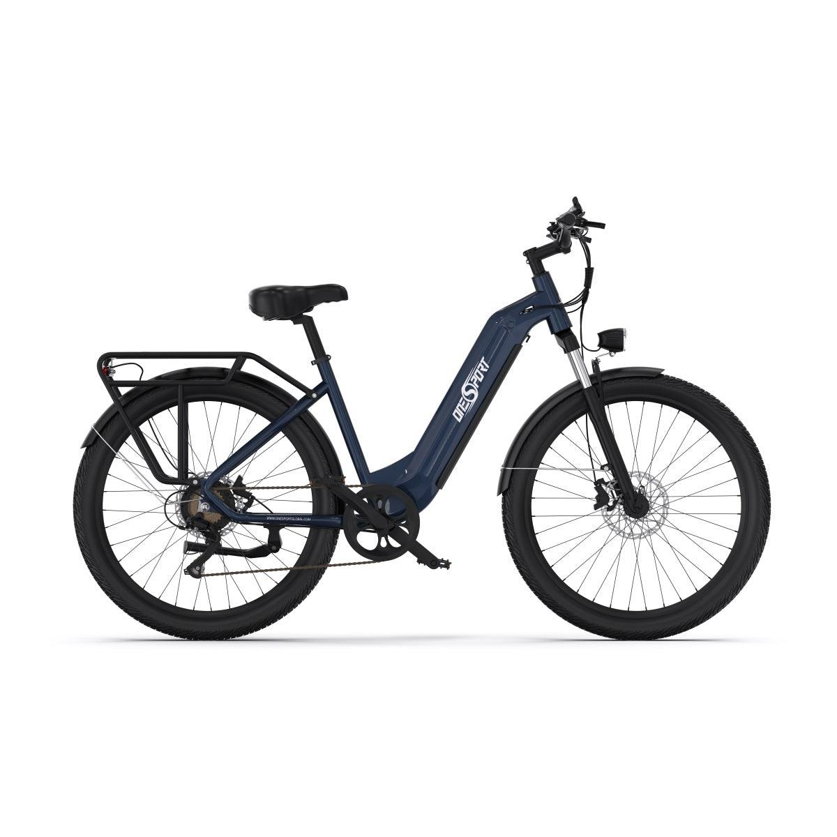 Bicicleta eléctrica azul sobre fondo blanco.