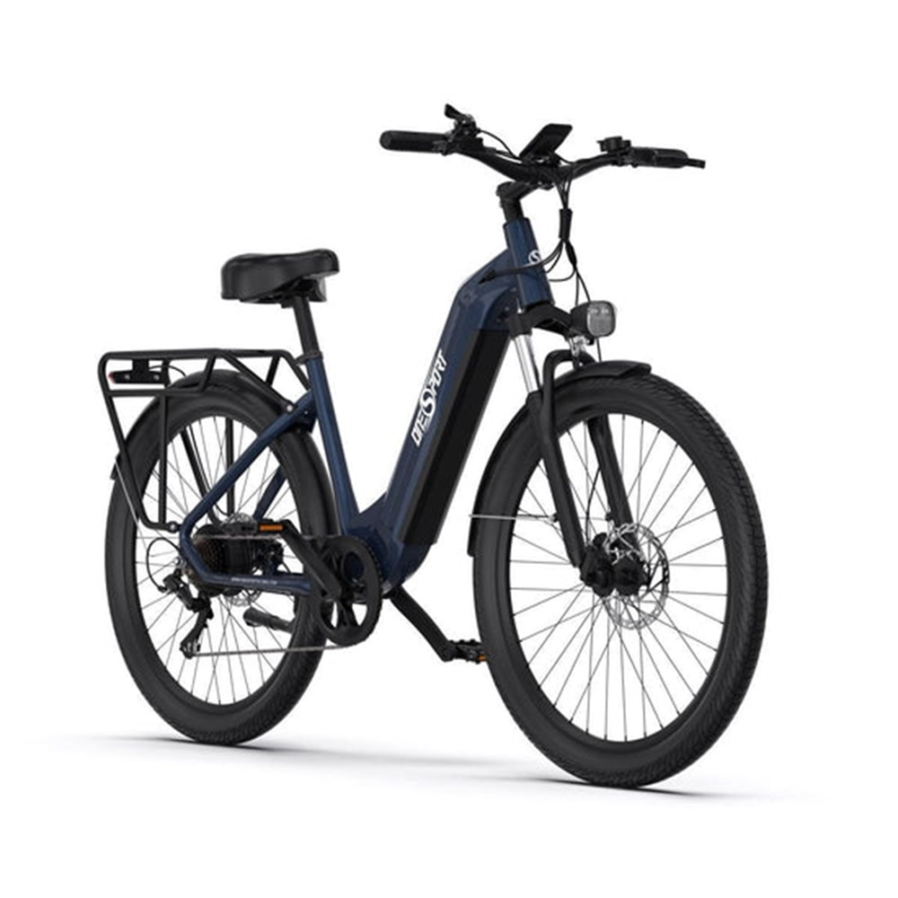 Bicicleta eléctrica azul sobre fondo blanco. Llantas, cuadro y asiento negros, y portaequipajes. Marca OIESPORT.