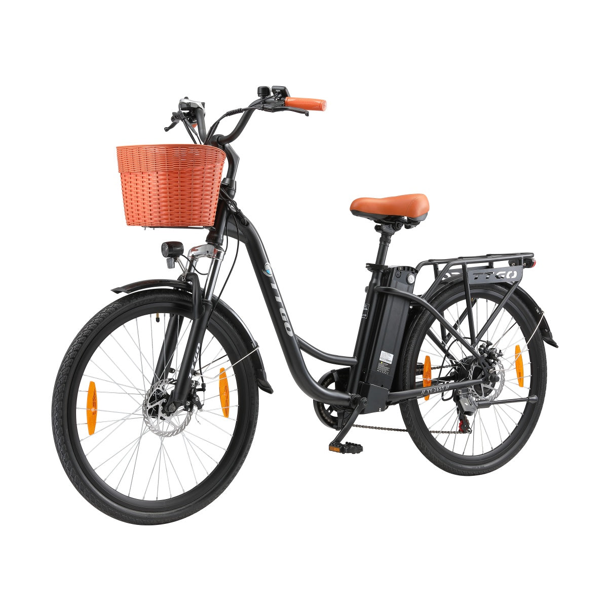 Schwarzes Elektrofahrrad mit braunem Korb und Sitz. Mit schwarzem Rahmen, Reifen und Lichtern. Weißer Hintergrund.