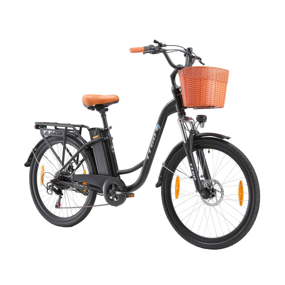 Schwarzes Elektrofahrrad mit Korb. Brauner Sitz und Korb. Weißer Hintergrund. Klare Linien und Stil.