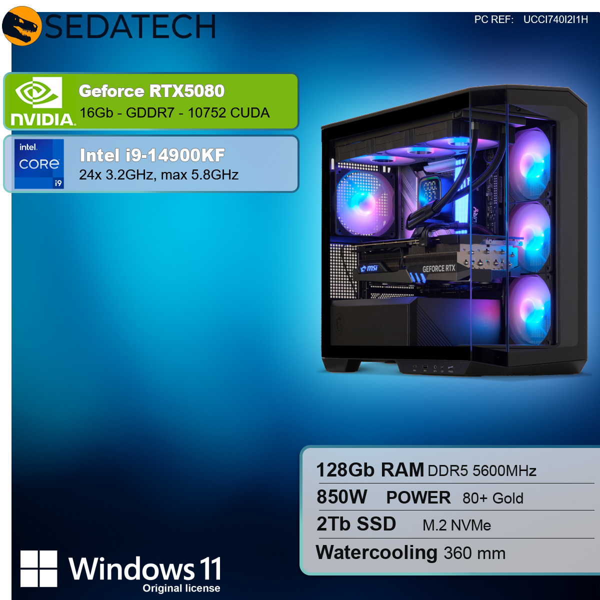 Czarna obudowa komputera z widocznymi komponentami. Tekst: RTX5080, i9, 128GB RAM, 2TB SSD, chłodzenie wodne.