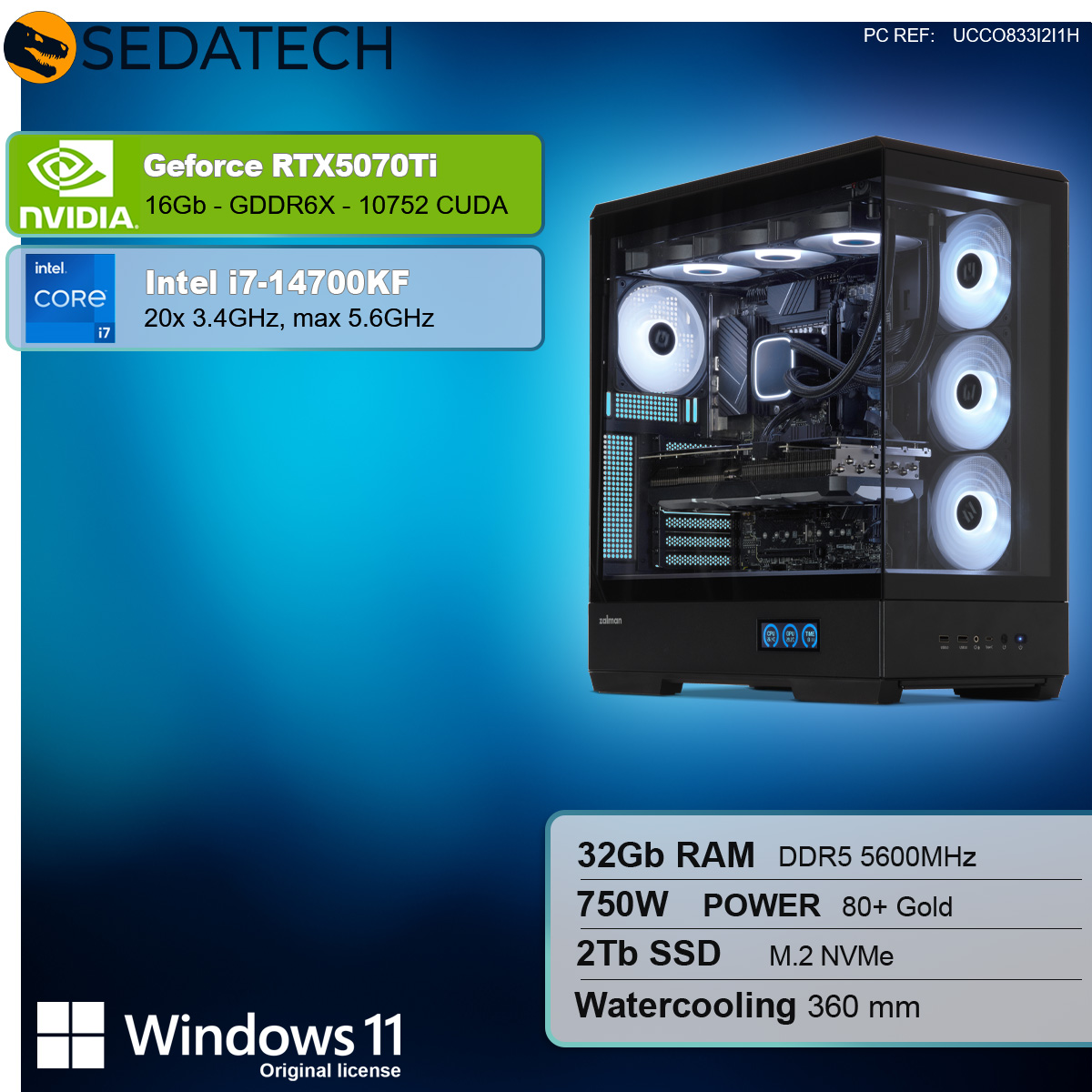 Ein Computergehäuse mit internen Komponenten und einem Windows 11-Aufkleber. Spezifikationen von RTX 5070Ti, Intel i7, 32GB RAM und 2TB SSD werden angezeigt.
