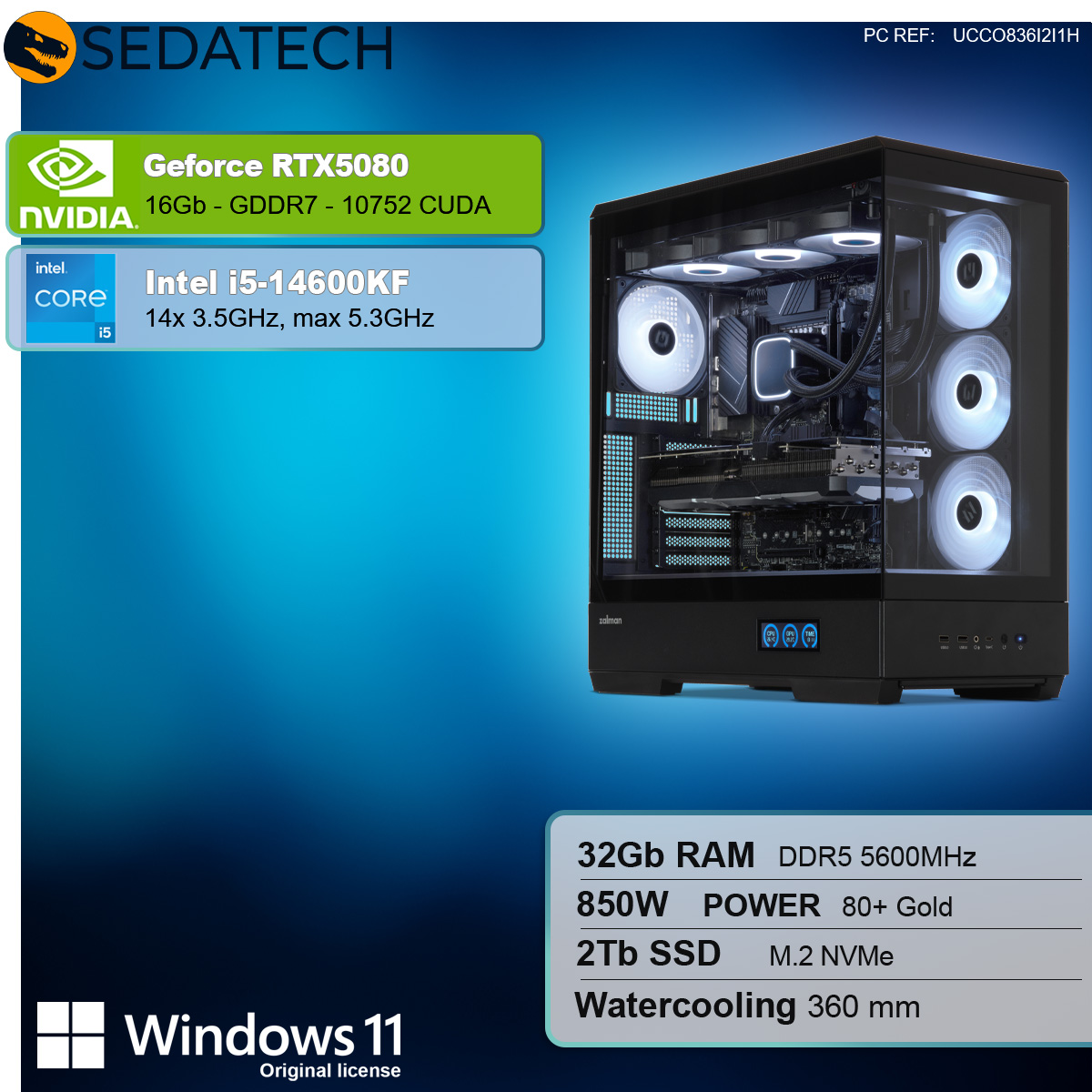 Componenti del computer all'interno di un case in vetro. Include una Geforce RTX 5080, Intel i5, Windows 11 e altre specifiche.