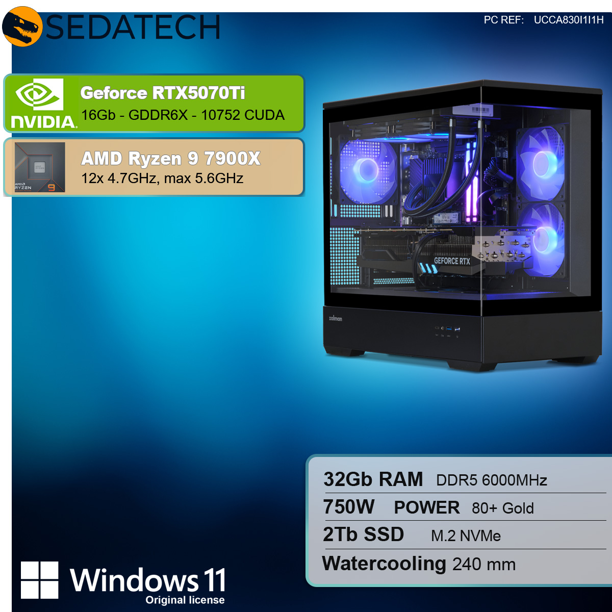 PC gaming con pannello laterale in vetro aperto. Componenti interni visibili. Sovrapposizione testo: NVIDIA GeForce RTX5070Ti. Sfondo nero.