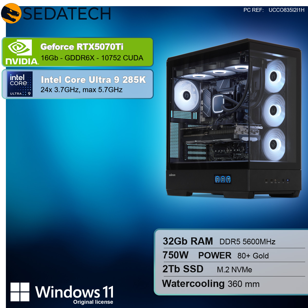 Komputer do gier z szklanymi panelami, pokazujący podzespoły wewnętrzne i logo Windows 11 na niebieskim tle.