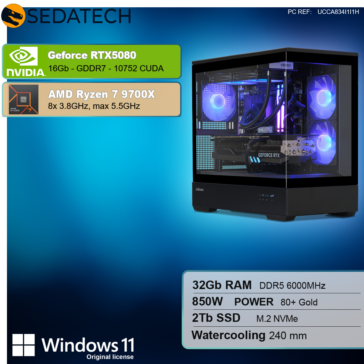 Un case per computer con GeForce RTX5080 e AMD Ryzen 7 9700X, con logo di Windows 11.